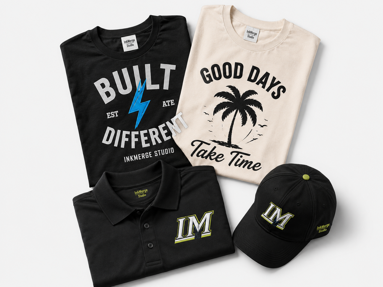 InkMerge apparel collection flatlay