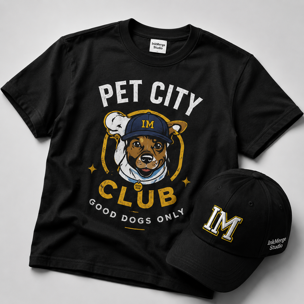 Pet City club tee and cap mockup