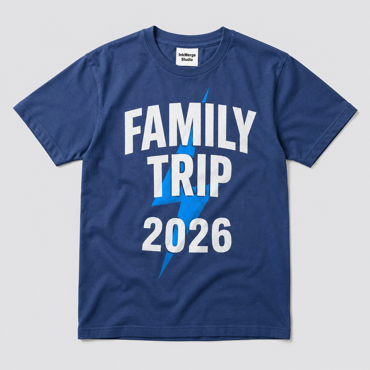 Family Trip 2026 blue graphic tee mockup
