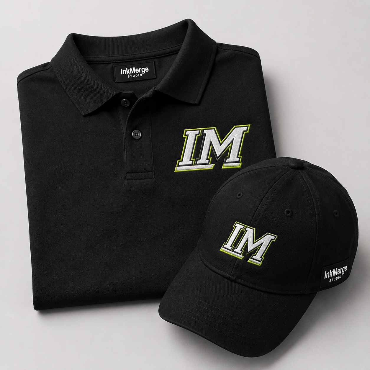 Folded polo and branded cap embroidery setup
