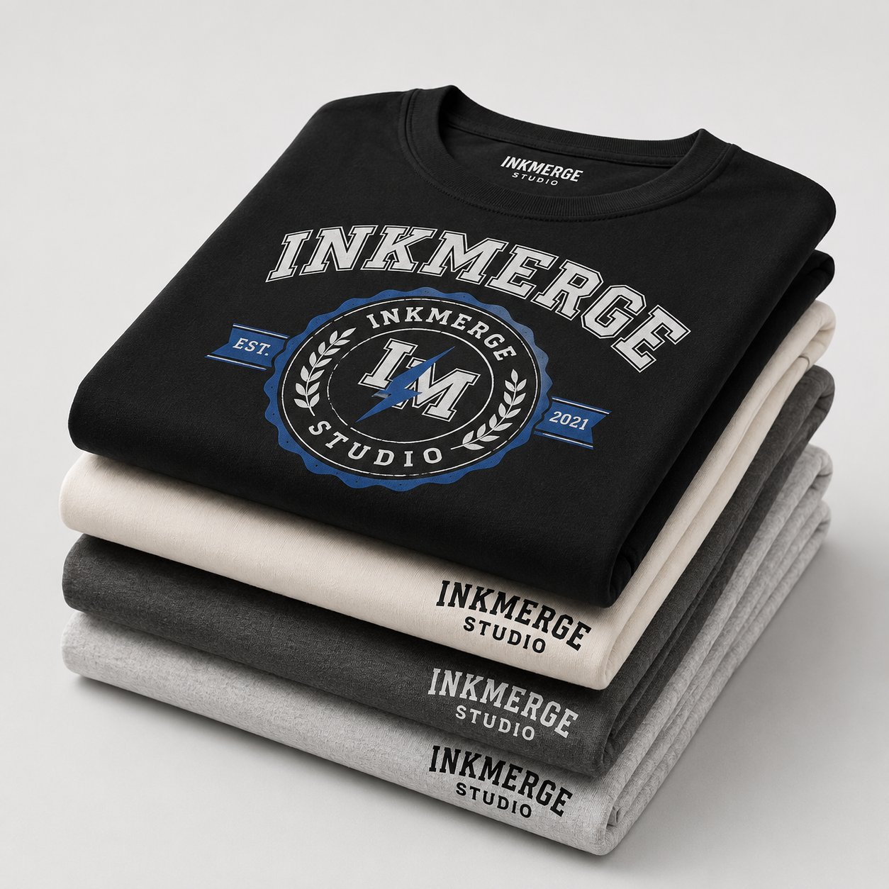 Neatly stacked InkMerge apparel collection for bulk orders