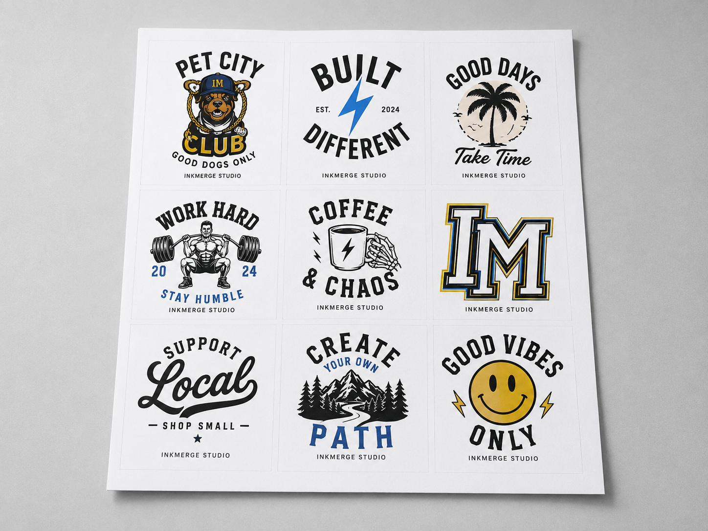 Bold graphic design artwork sheet mockup for InkMerge Pro