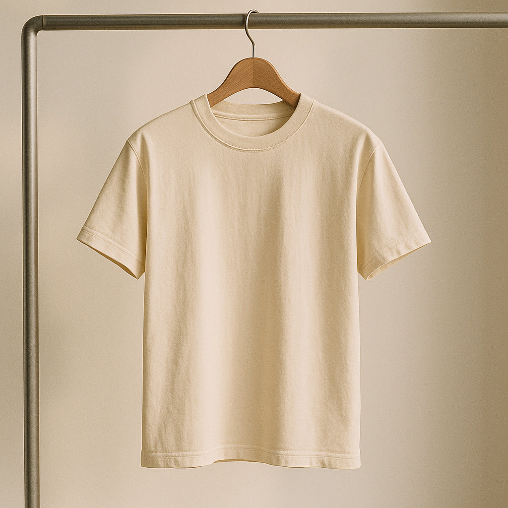 Premium garment-dyed tee on a clean wooden hanger