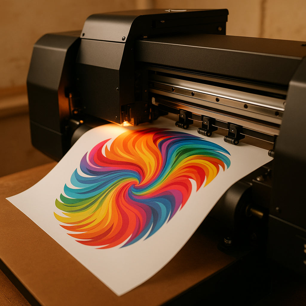 Close-up of a DTF printer producing a colorful transfer film
