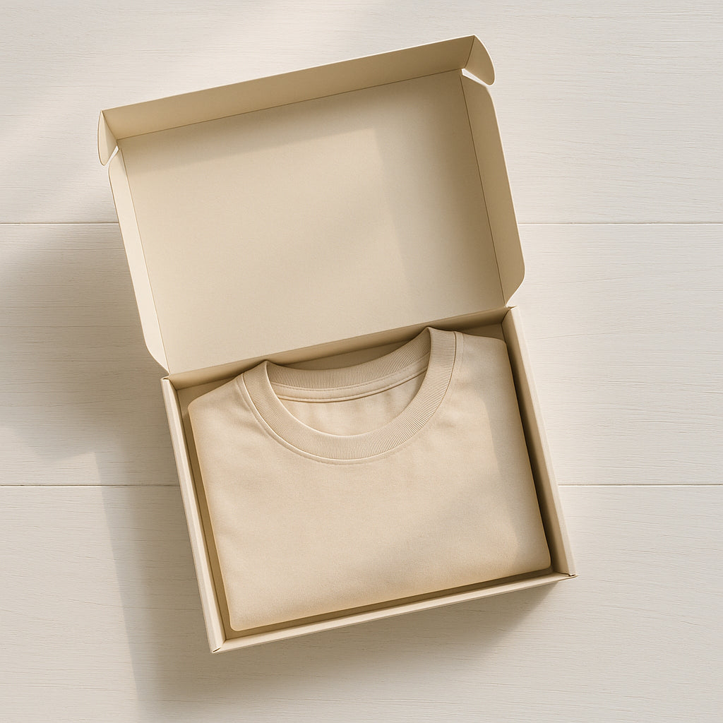 Cream-colored shipping box with a premium tee folded neatly inside