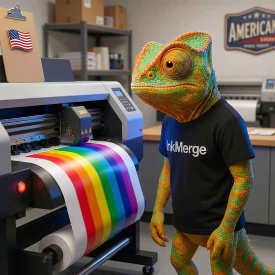 Otto at the heat press printing transfers in the InkMerge shop