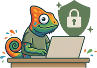 Otto at laptop with green shield
