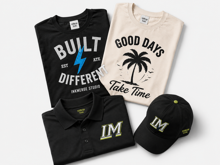 InkMerge apparel collection flatlay