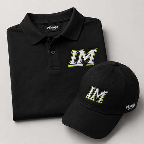 Folded polo and branded cap embroidery setup