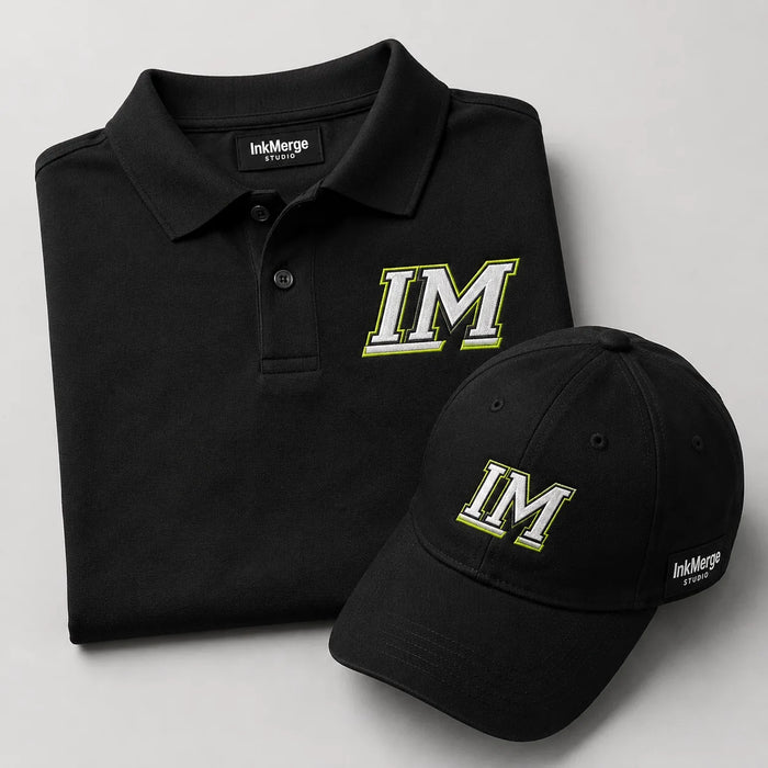 Folded polo and branded cap embroidery setup