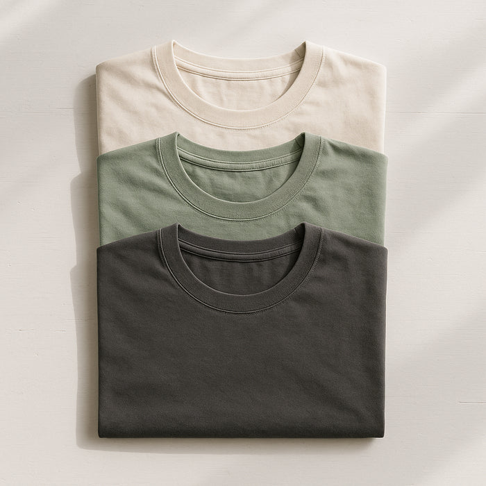 Folded blank T-shirts in neutral colors ready for a group order
